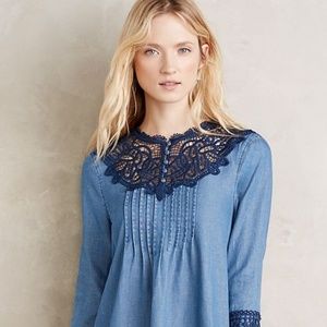 Anthropologie Embroidered Chambray Peasant Top